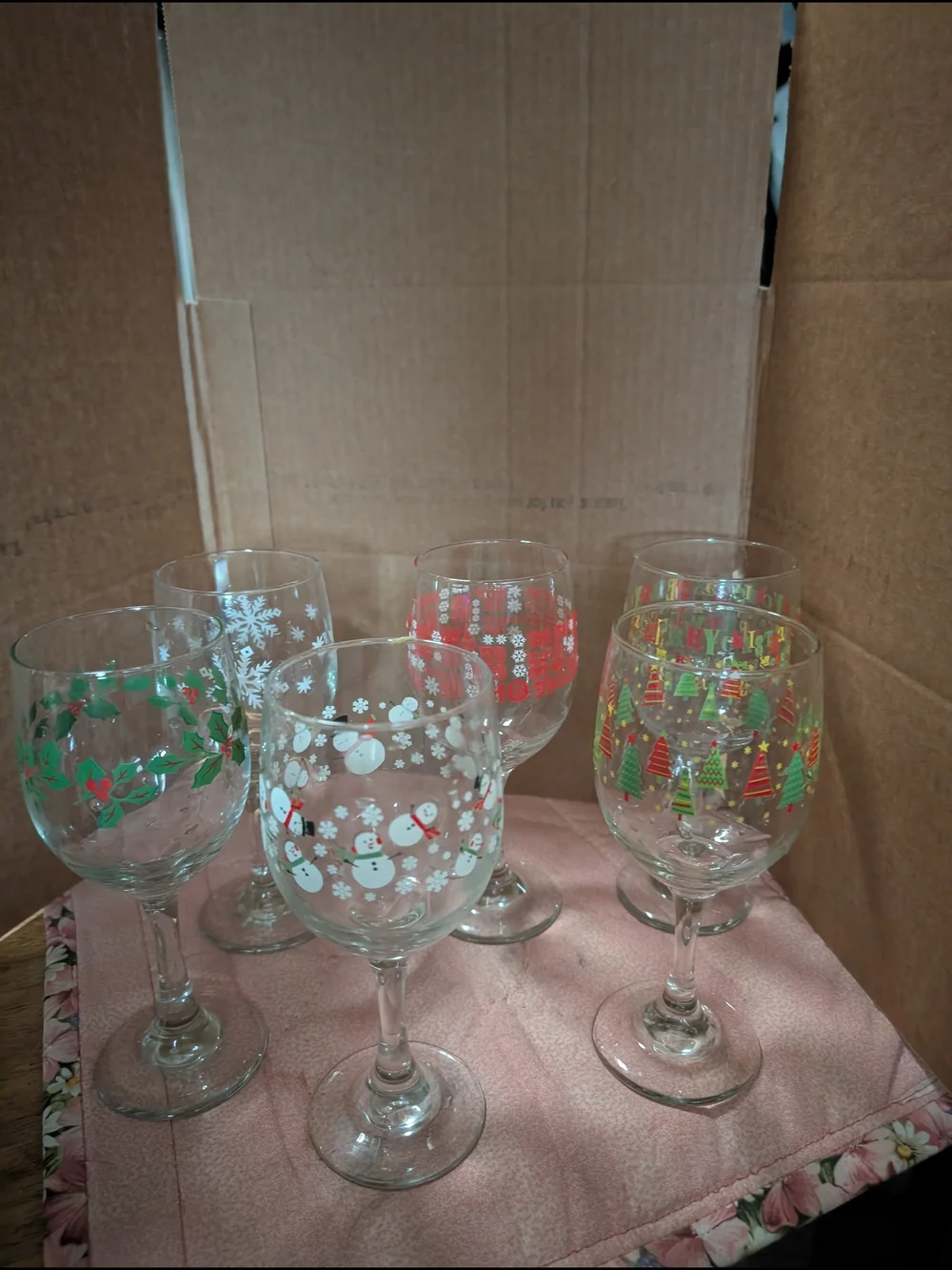 Set of 6 Festive Holiday Wine Glasses - Snowmen, Trees & Holly